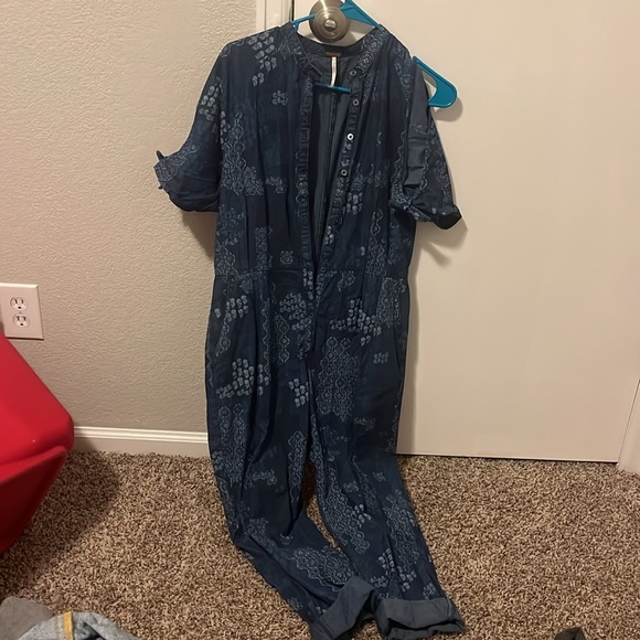 Free People Indigo Daze Tie Shoulder Chambray Boho Jumpsuit - Picture 2 of 2
